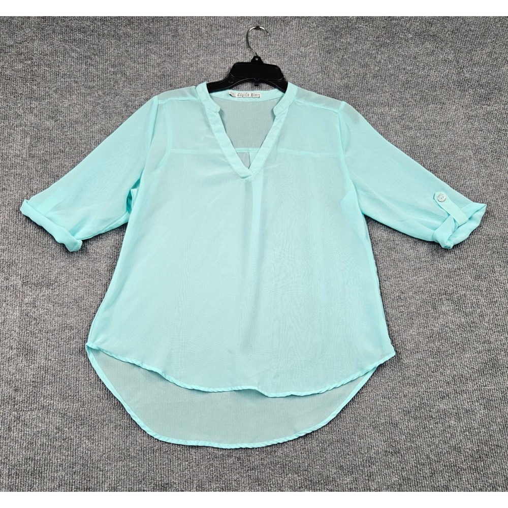 Cupid's Diary Mint Aqua Sheer Chiffon Roll Tab Sleeve V-Neck Blouse Medium